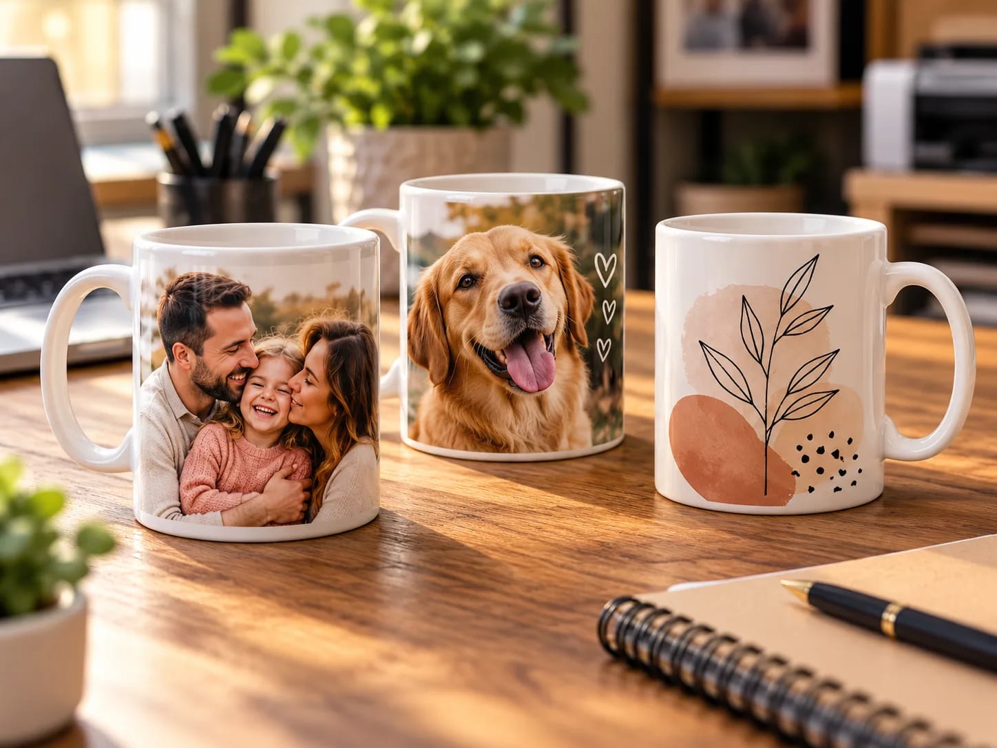 Trei căni albe personalizate: fotografie de familie, portretul unui câine și un model floral